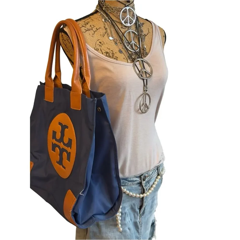 Tory Burch Navy Tote with Tan Leather Accents and Logo